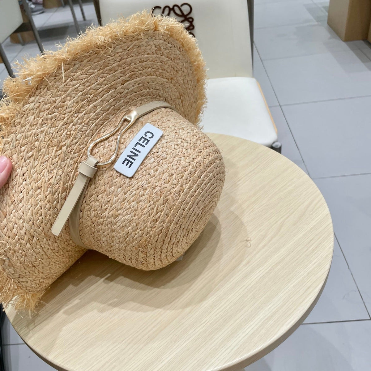 CELINE WIDE BRIM HAT MODEL 650421 IN NATURAL WITH BEIGE LEATHER STRAP RAFFIA STRAW