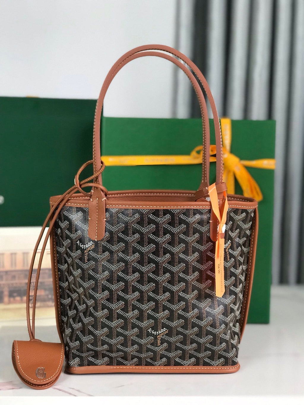 ANJOU MINI BAG 20 IN TAN CALFSKIN AND BLACK GOYARDINE CANVAS